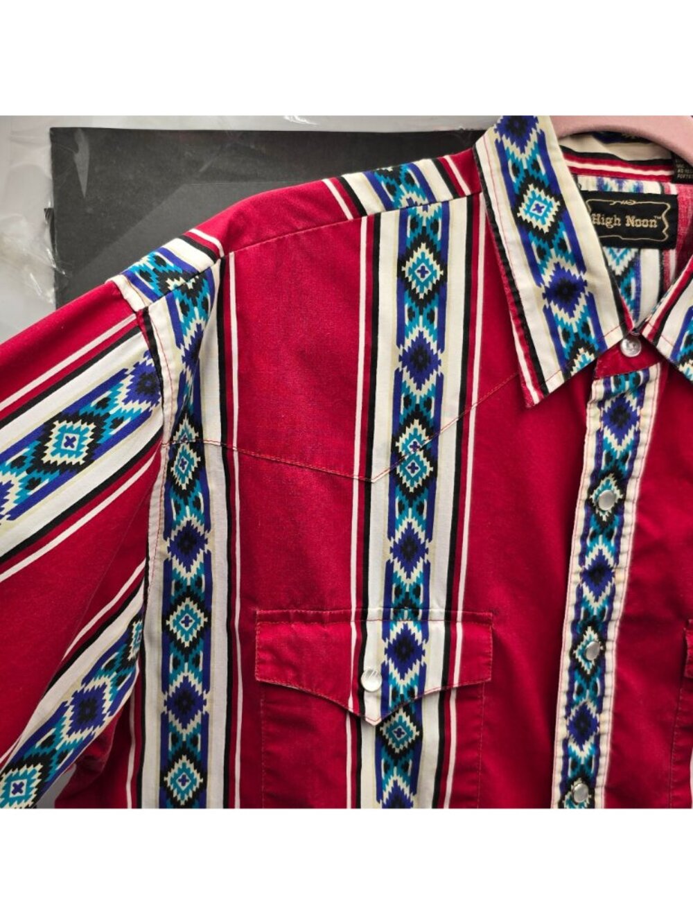 VTG High Noon Western Pearl Snap Shirt Large Tall Blue Navajo Print Southwestern - Picture 6 of 16